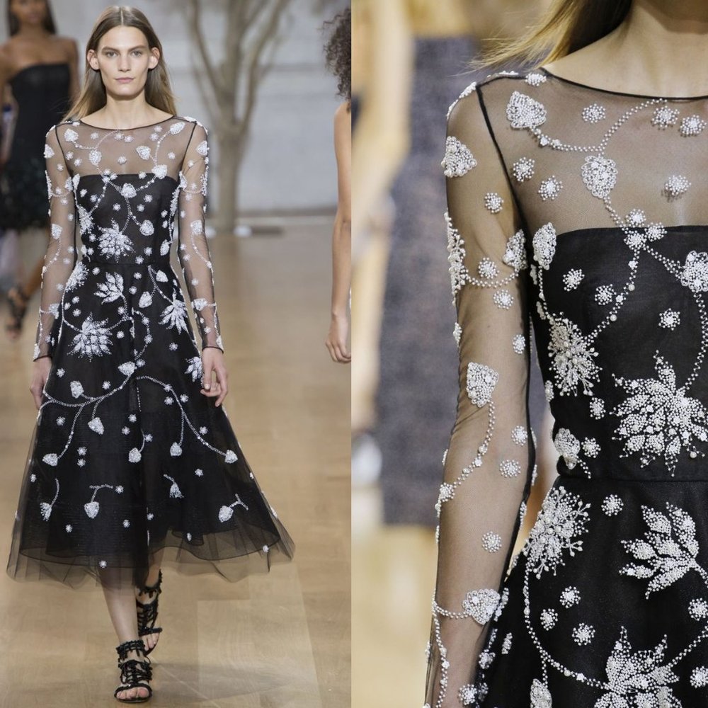 $7,900 OSCAR DE LA RENTA EXCL FLORAL EMBROID BLACK TULLE SILK MIDI DRESS 6 M - Picture 3 of 16